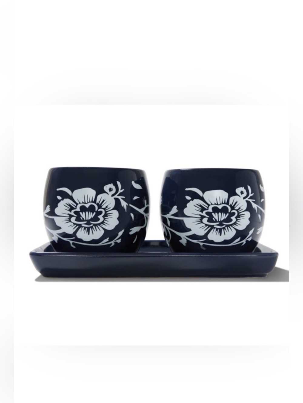 summer & rose Ceramic navy Planter Set with Tray with White Flower Detail